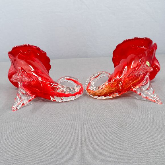 Set of 2 VTG Murano Sommerso Jack in Pulpit Cornucopia Red Clear Vase Japan 8" - Picture 12 of 16